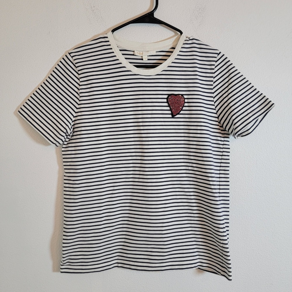 Maje‎ Striped Crewneck Short Sleeve T-Shirt Sz 3 Heart Rhinestone 100% Cotton